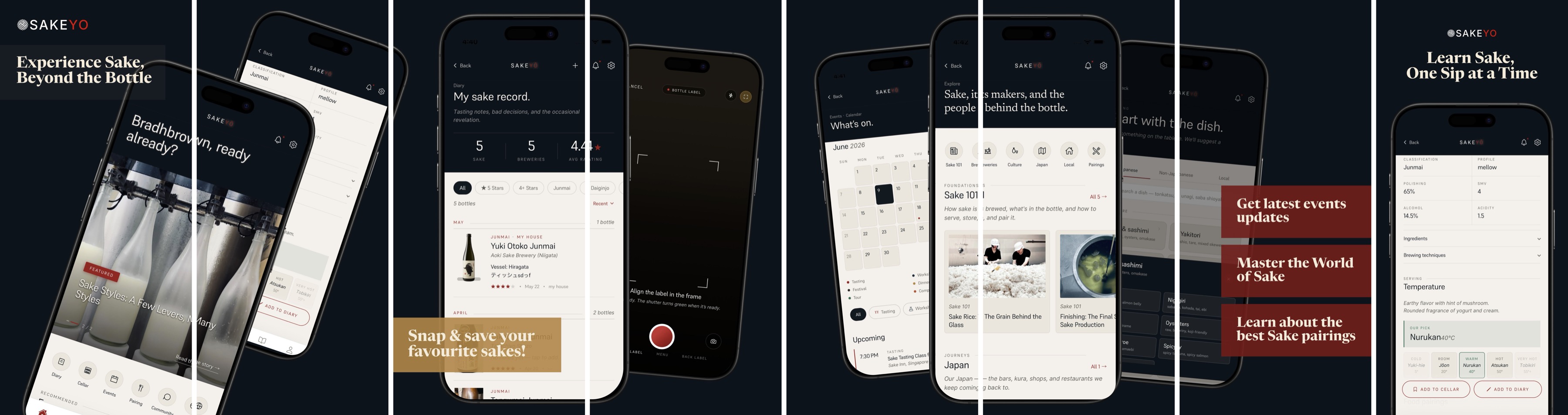 SakeYō app screens: recommendations, a tasting diary, label scanning, an events calendar, Sake 101, and food pairings