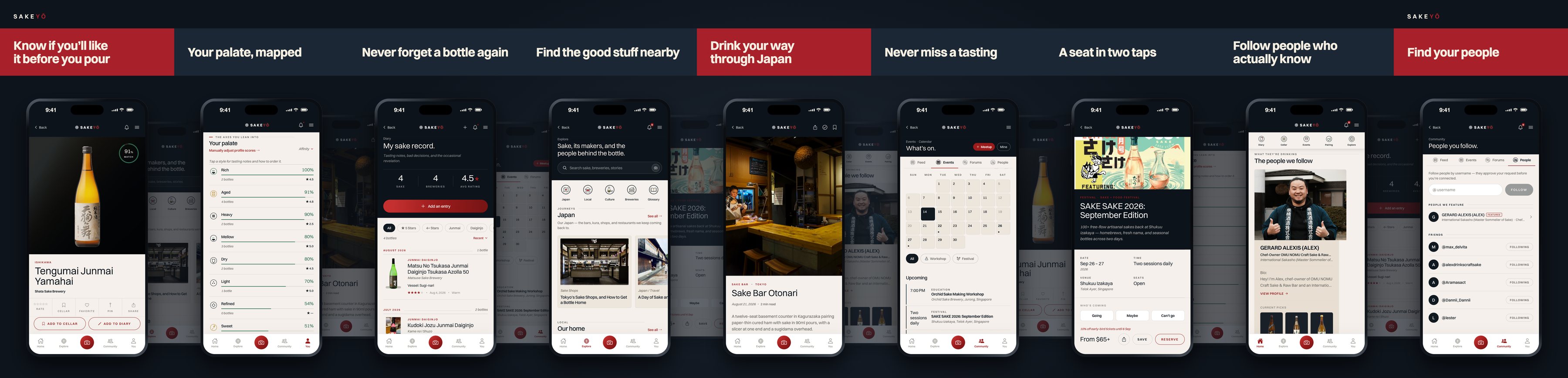 Nine SakeYō app screens: a scanned bottle with its match score, a taste profile, a sake diary, the Explore section, a Tokyo sake bar, the events calendar, an event page with a Reserve button, a featured sake expert, and the people you follow